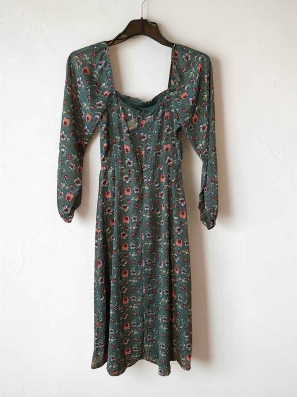 Francesca’s Mi Ami Floral Dress Women’s S Green Square Neck Long Sleeve NWT
